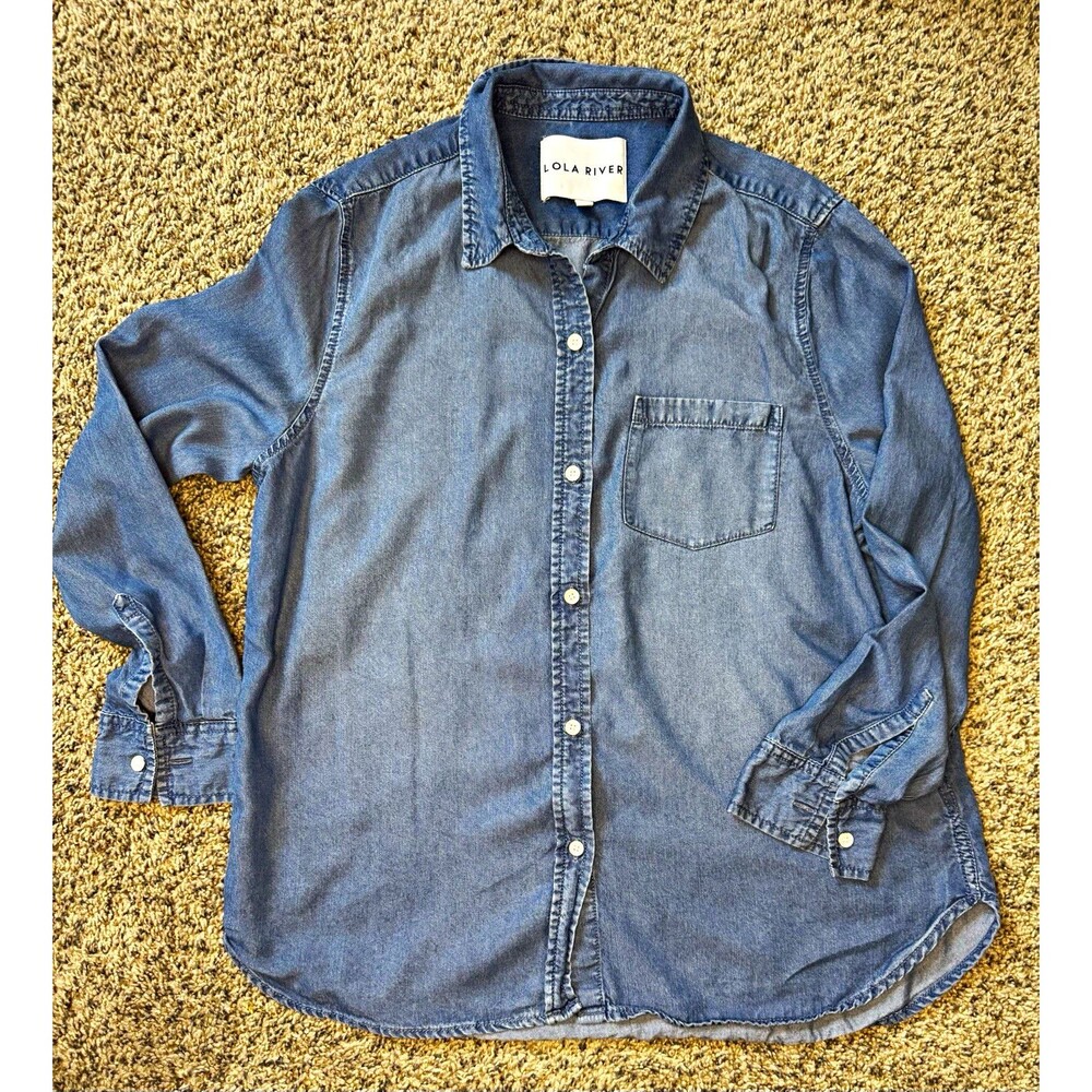 Lola River Women's Denim Style Button Down Shirt Size L 100% Tencel Lyocell